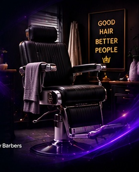 Premium barber chair in a warmly lit barbershop.