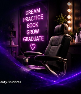 Training salon chair with Dream. Practice. Book. Grow. Graduate. neon sign.