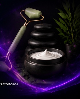 Jade roller, hot stones, skincare cream, and greenery from the reference.