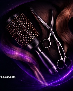 Professional round brush, scissors, and flowing hair from the reference.