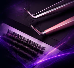 Lash extensions and precision tweezers from the reference artwork