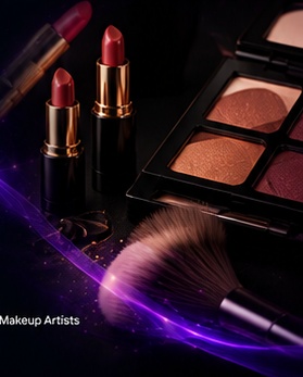 Lipsticks, makeup palette, and powder brush from the reference.