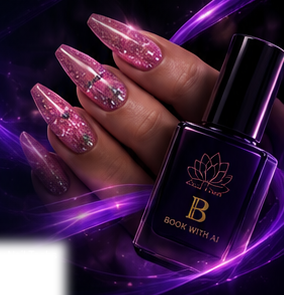 Pink glitter nails holding a black Book With AI nail-polish bottle