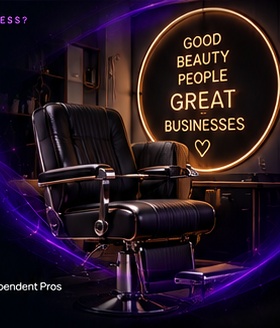 Salon chairs with Good Beauty People. Great Businesses. neon artwork.