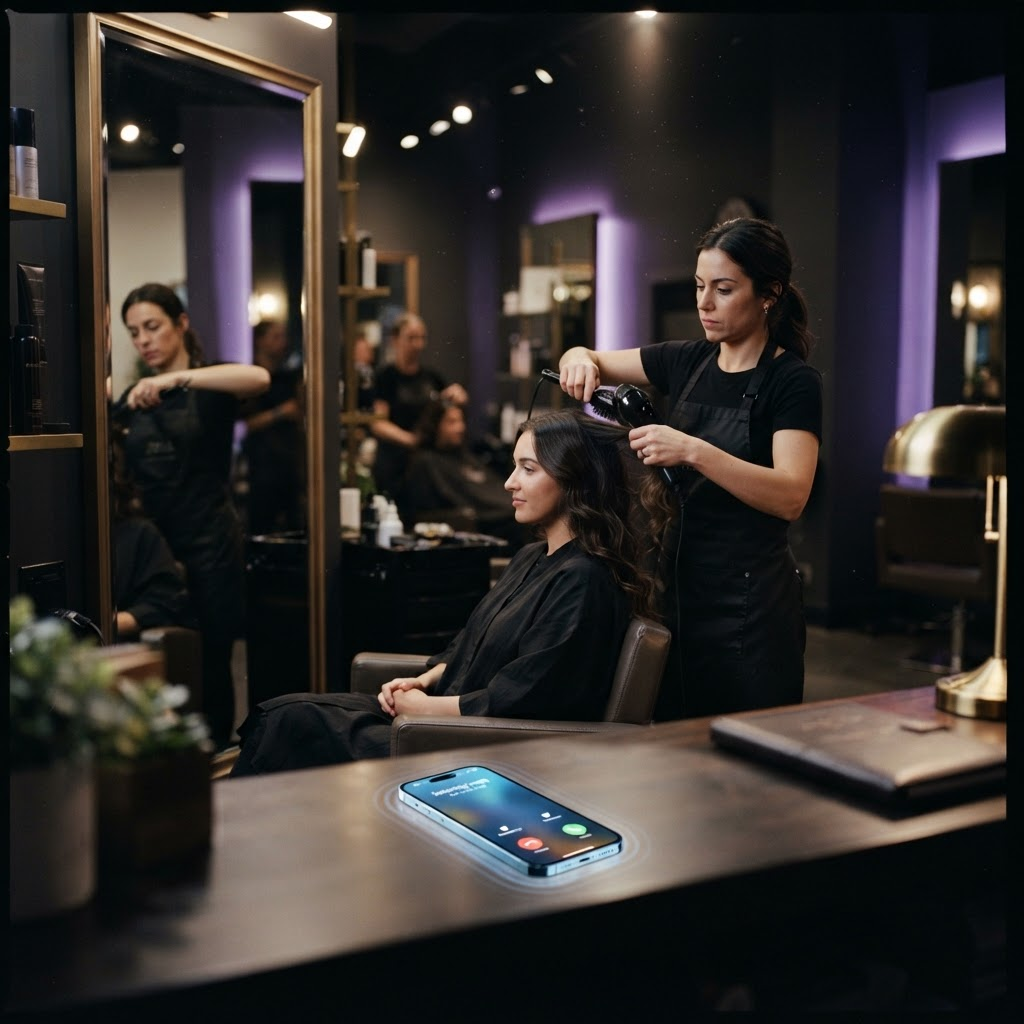 A hair stylist styling a client while her phone rings unanswered at the salon reception