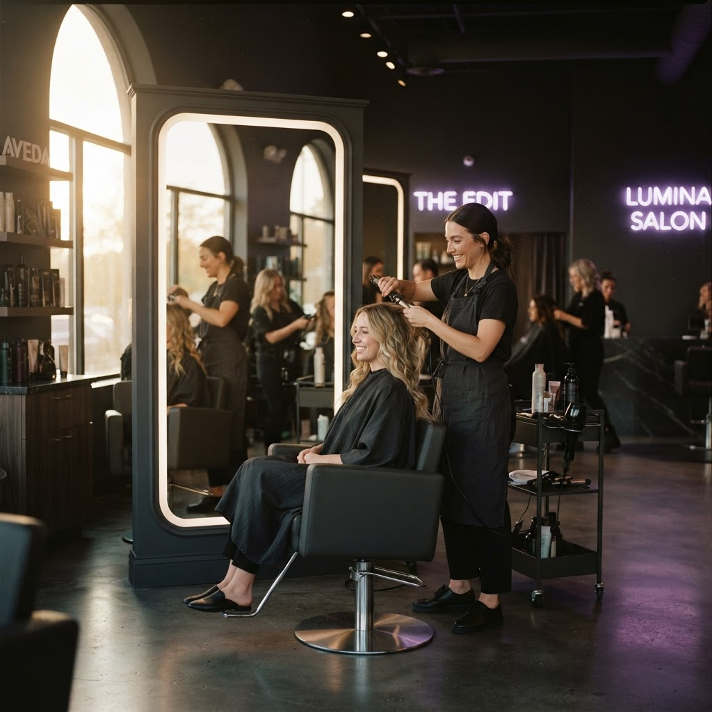 A beauty professional fully present with a smiling client in a warm, golden-lit luxury salon