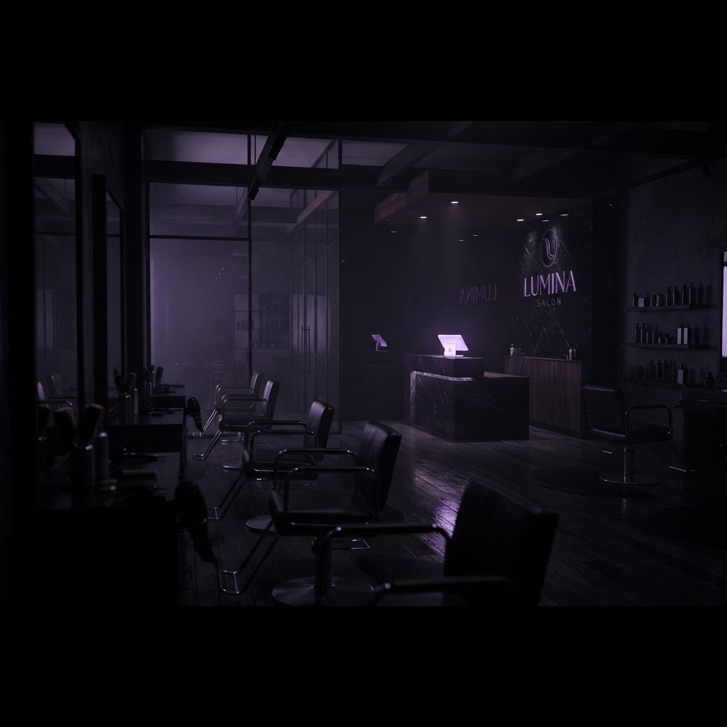 An empty luxury salon late at night with a single device glowing soft lavender in the dark