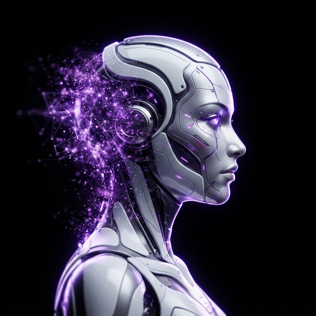 SANAA materializing from glowing data, mid-conversation