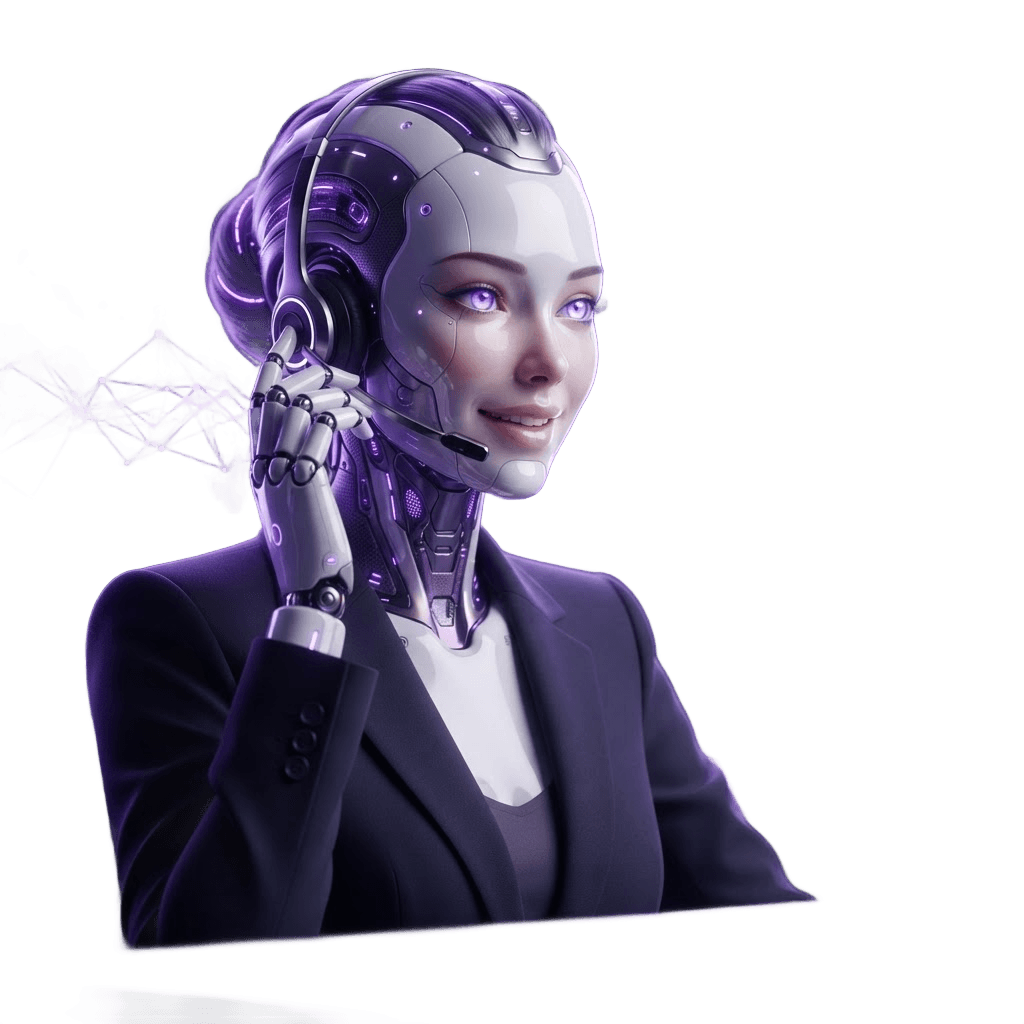 SANAA, an elegant white and silver humanoid AI receptionist speaking on a call